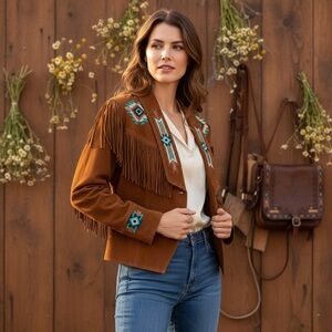 Vintage Cripple Creek Suede Fringe Jacket with Turquoise Embroidered Details